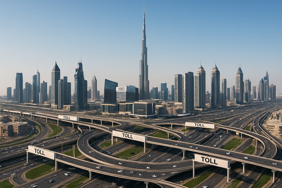 Dubai skyline with major toll roads Dubai skyline with major toll roads